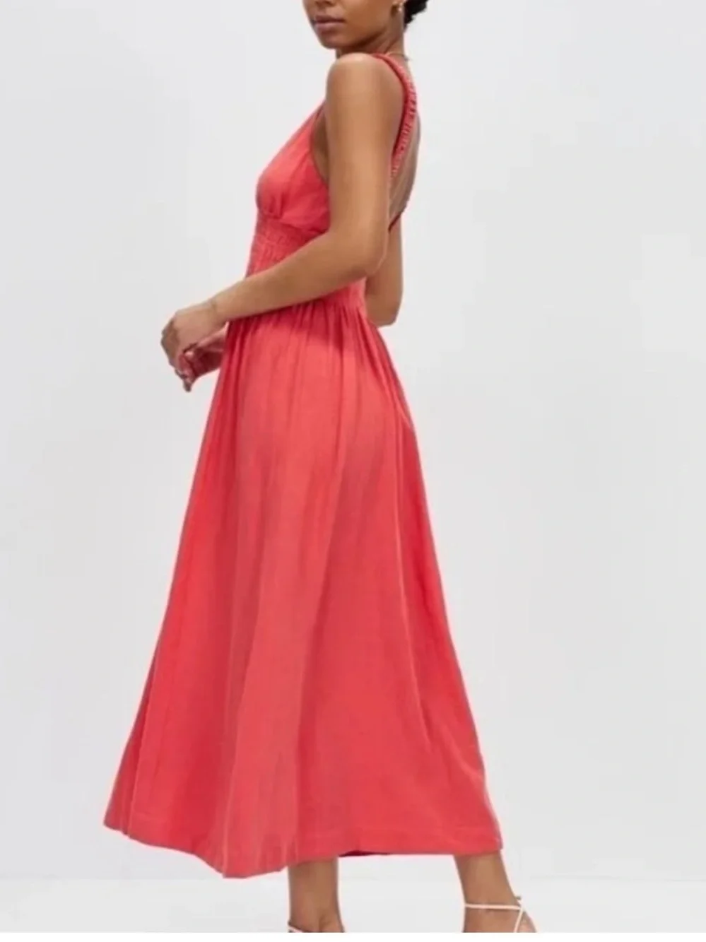 NWT Abercrombie Boho Summer Coral Smocked Linen Scrunchie Strap Maxi Dress XS